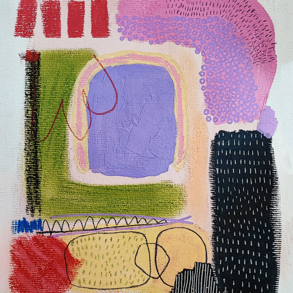 Eine Mixed Media Malerei bestehend aus bunten abstrakten Flächen.
