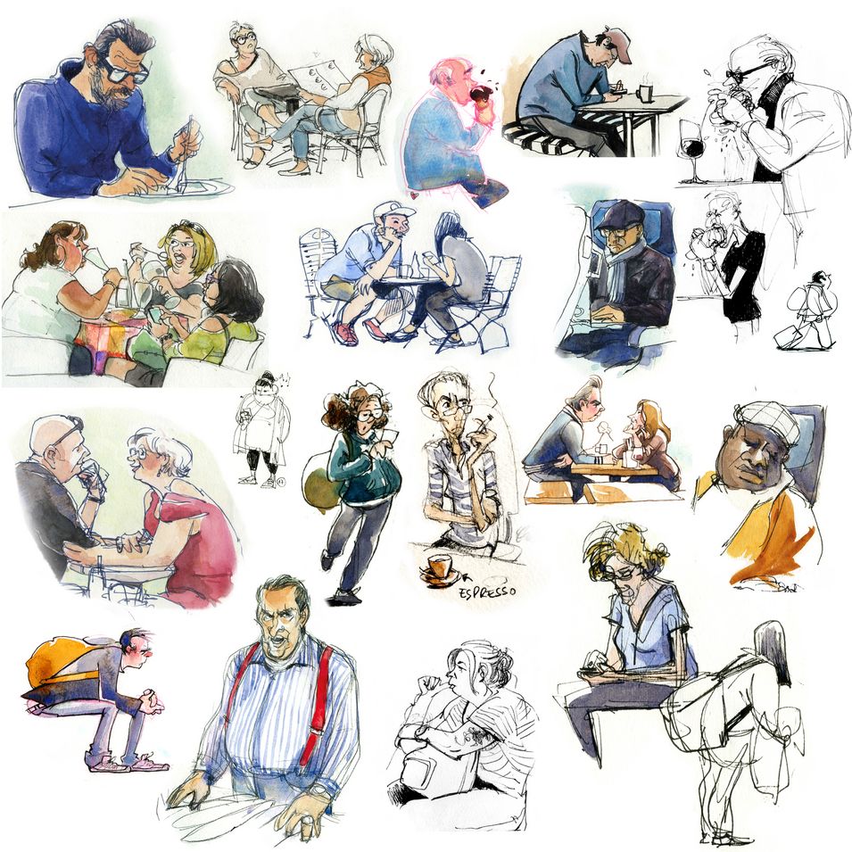 Zeichnungen von Nicola Maier-Reimer verschiedener Charaktertypen auf der Straße