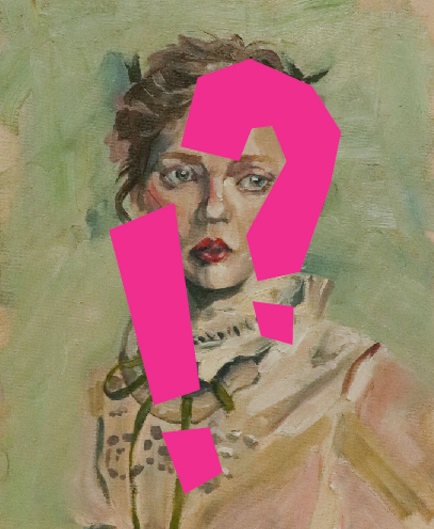 Ein Öl-Porträt von einer jungen Frau. Darauf sind grafisch ein ! und ein ? in pink