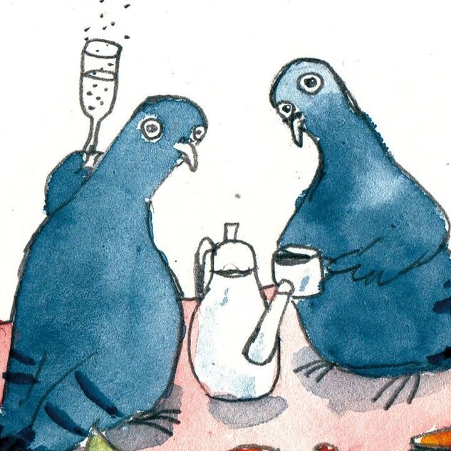 Zwei in Aquarell gezeichnete Tauben trinken Kaffee und Sekt.