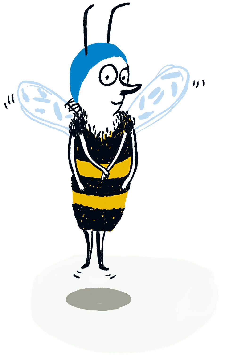 Eine Biene mit blauer Kappe und schwingenden Flügeln steht und blickt nach rechts. Eine Illustration von Franziska Ludwig