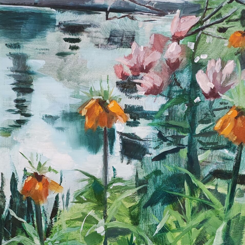 Eine Eitempera-Malerei von verschiedenen Pflanzen mit Blüten.