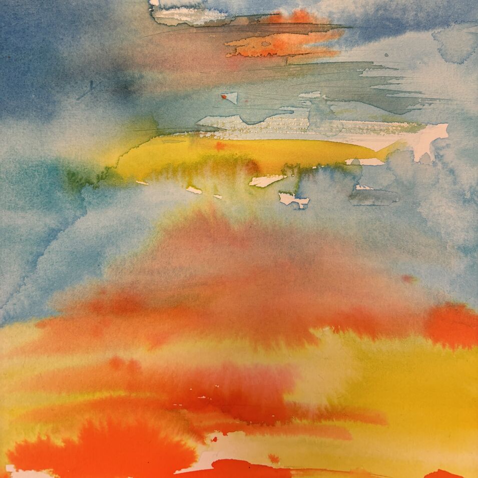 Ein experimentelles Aquarell in den Farben Gelb, Orange und Blau.