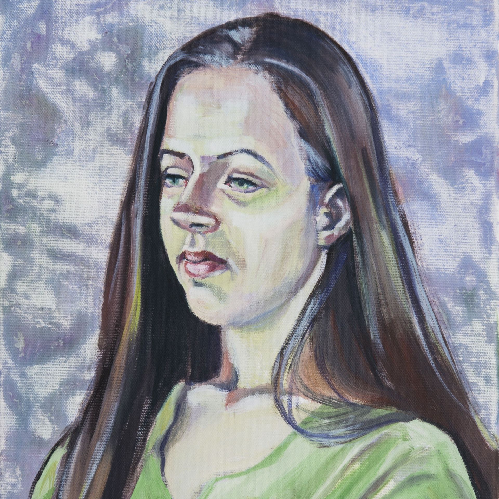 Porträt mit langen Haaren und grünem Pullover. Malerei von Conny Himme.