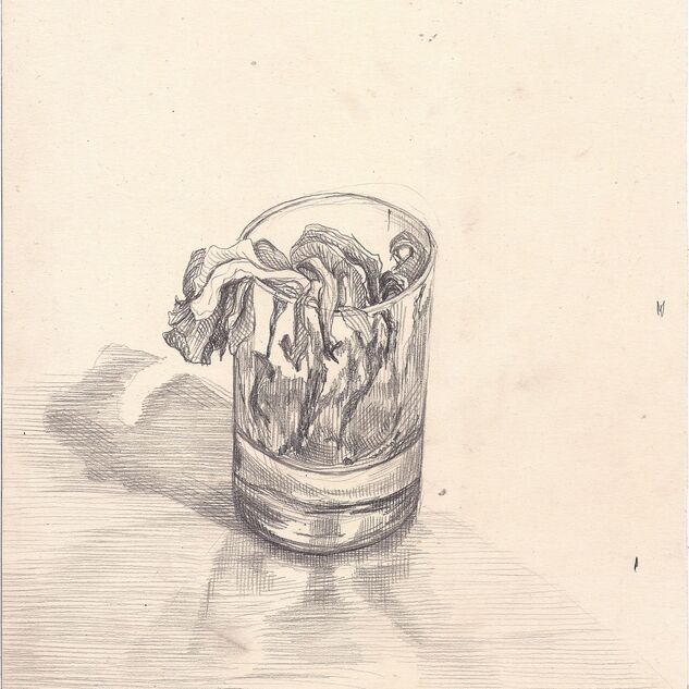 Von Eiko Borcherding mit Bleistift gezeichnete Vase auf einem Tisch