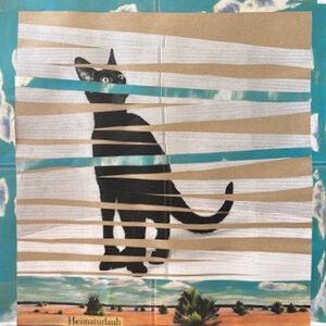 Eine Collage aus verschiedenen Elementen, Papierschnipseln und einer Katze