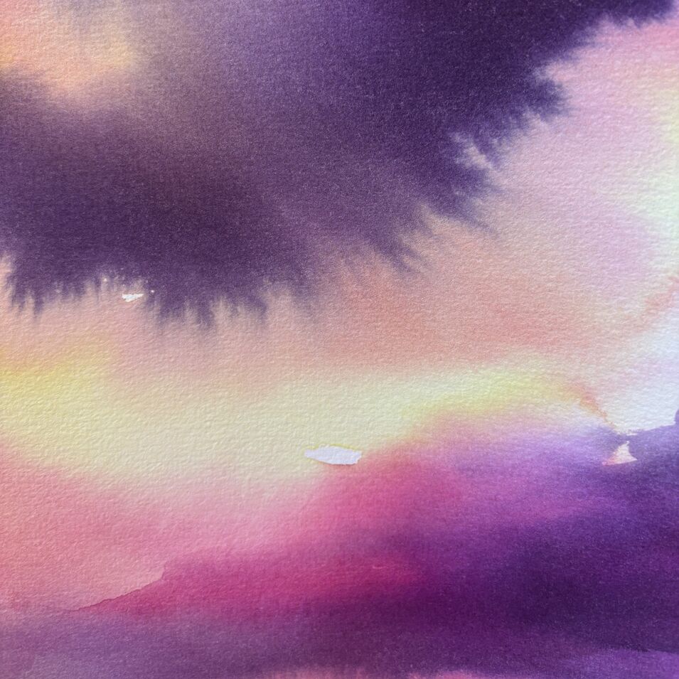 Ein experimentelles Aquarell in den Farben Violet und Pink.