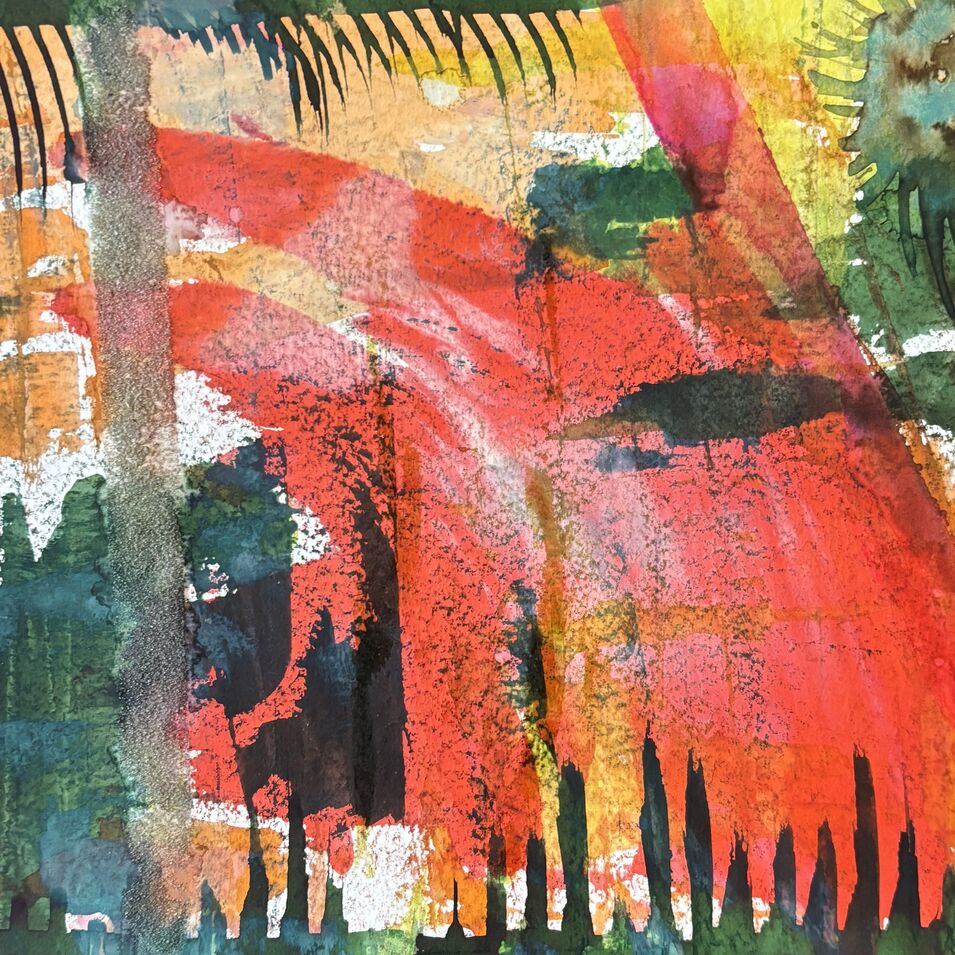 Ein experimentelles Aquarell in den Farben Orange, Grün und Gelb.