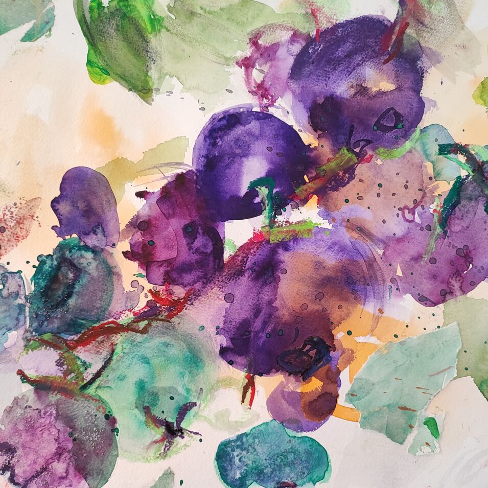 Ein experimentelles Aquarell in den Farben Violet, Blau und Grün.