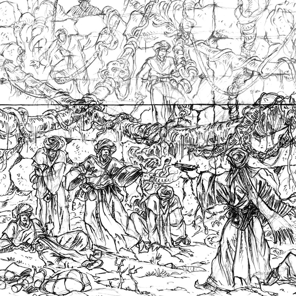 Eine Comic-Zeichnung von einer Kampfszene.