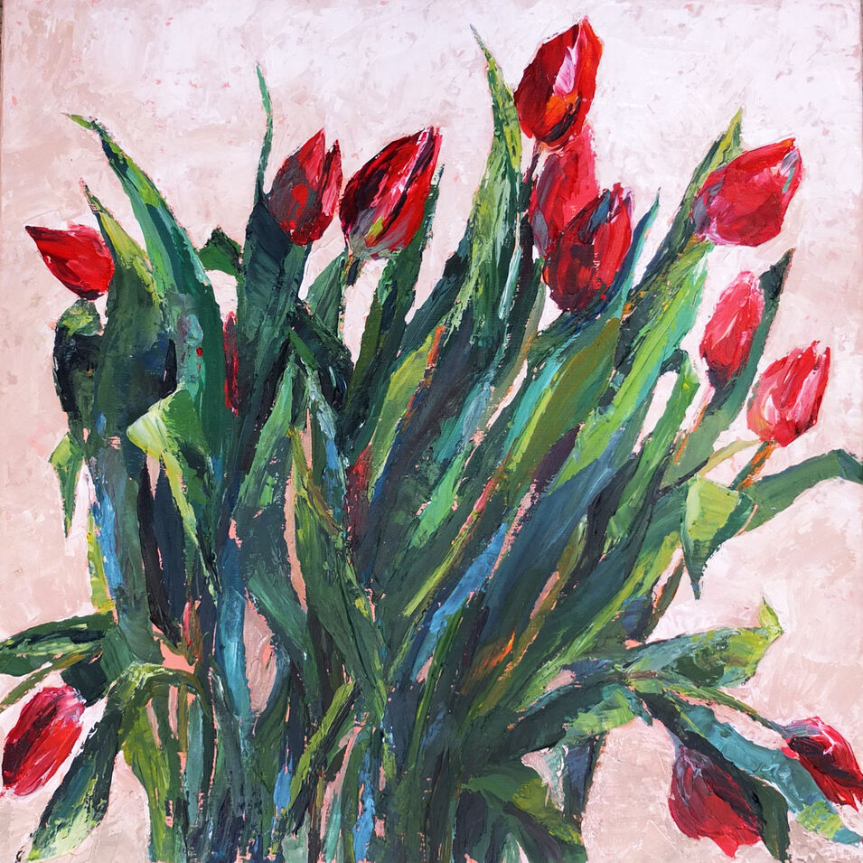 "Rote Tulpen auf Lachs" von Conny Himme Rote Tulpen in Acryl gemalt von Conny Himme.