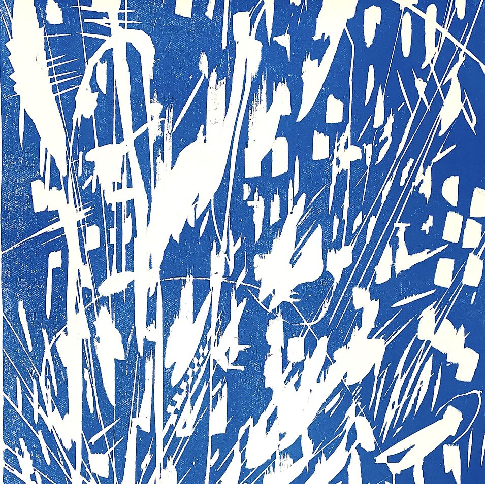 Farbholzschnitt in Blau von Christina Cohen-Cossen