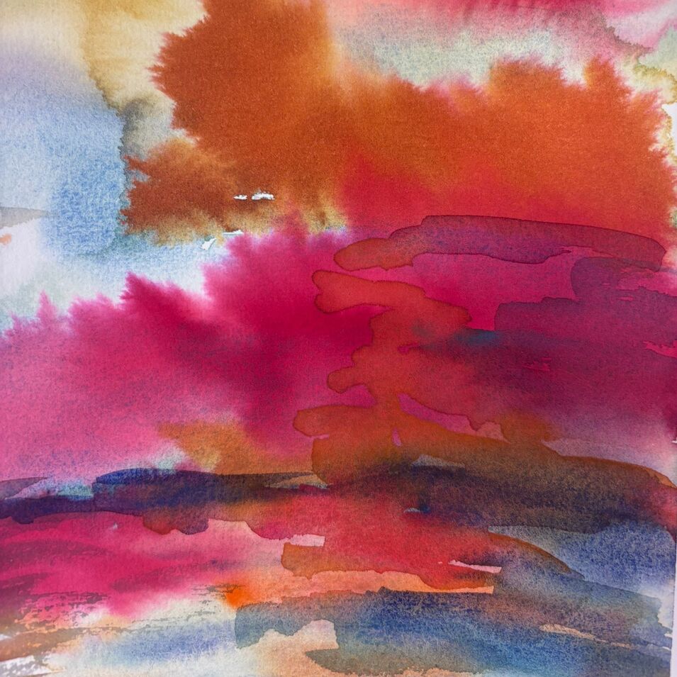 Ein experimentelles Aquarell in den Farben Pink, Orange und Blau.