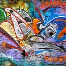 Buntes Wandbild in verschiedenen Graffiti-Techniken