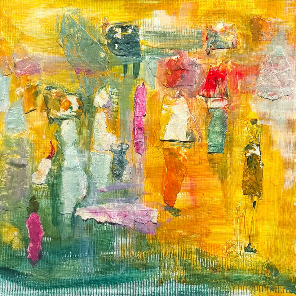 Eine bunte Mixed Media Malerei mit eingearbeiteten Elementen.