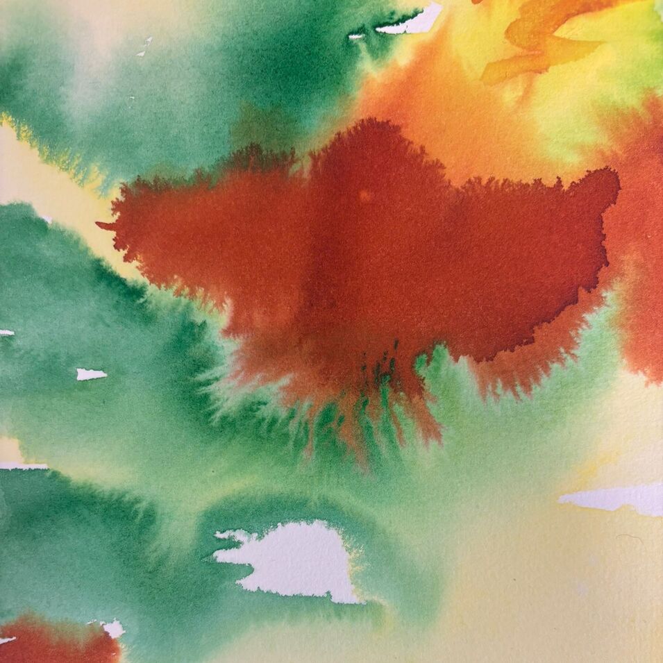 Ein experimentelles Aquarell in den Farben Grün, Braun und Gelb.