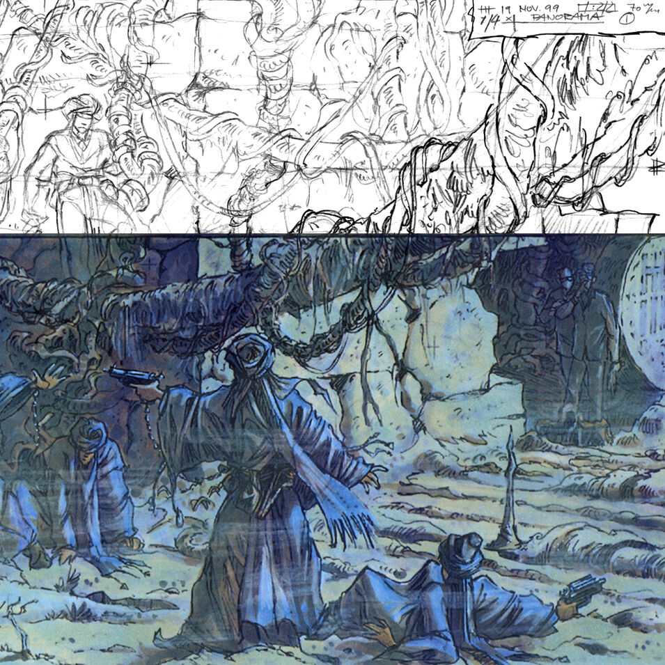 Eine halb kolorierte Comic-Zeichnung von einer Kampfszene.