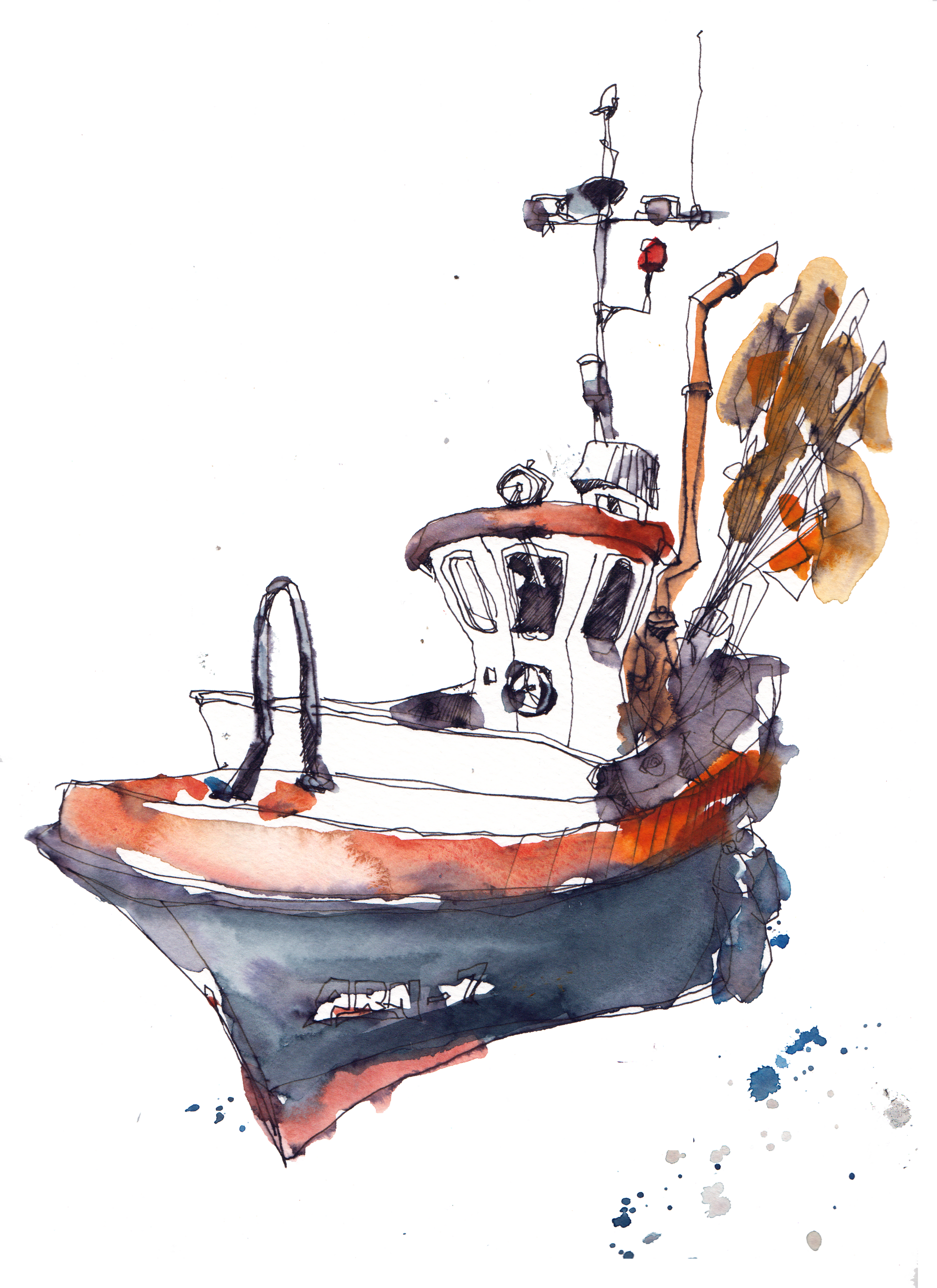 Aquarell und Zeichnung eines Schiffkutters