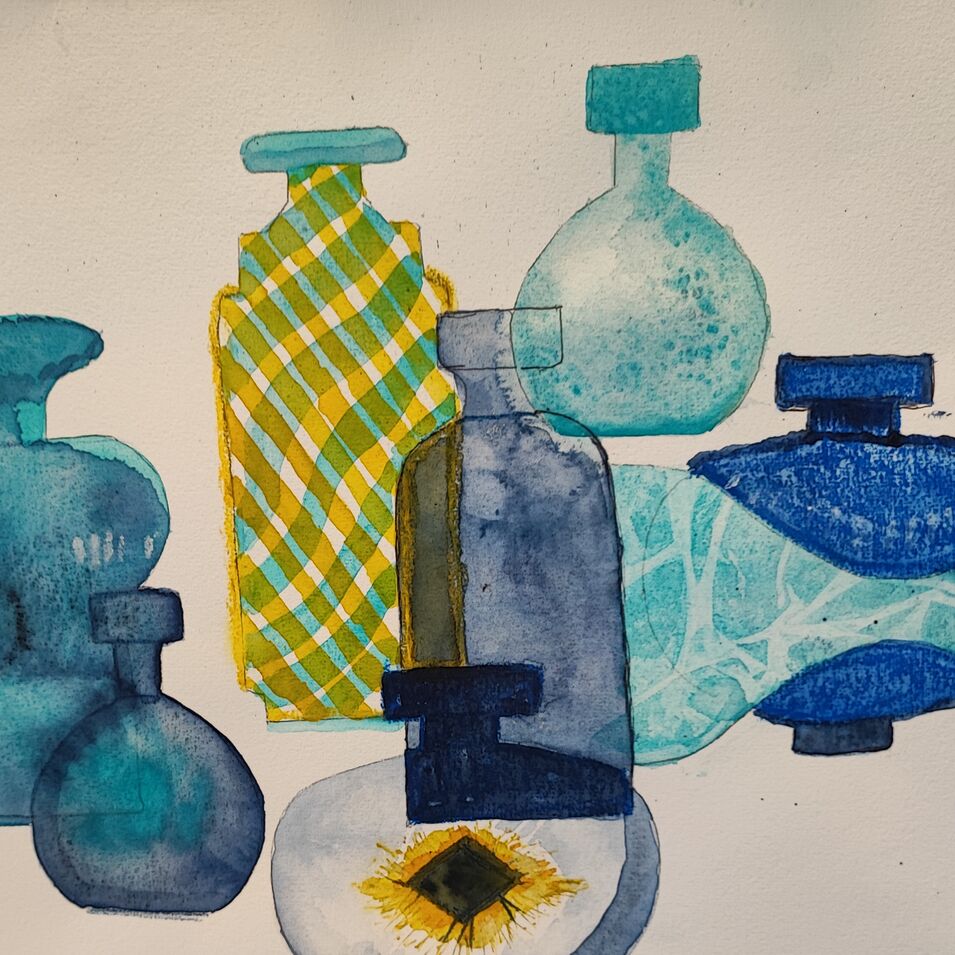 Ein experimentelles Aquarell von verschiedenen Gefäßen in den Farben Blau und Gelb.