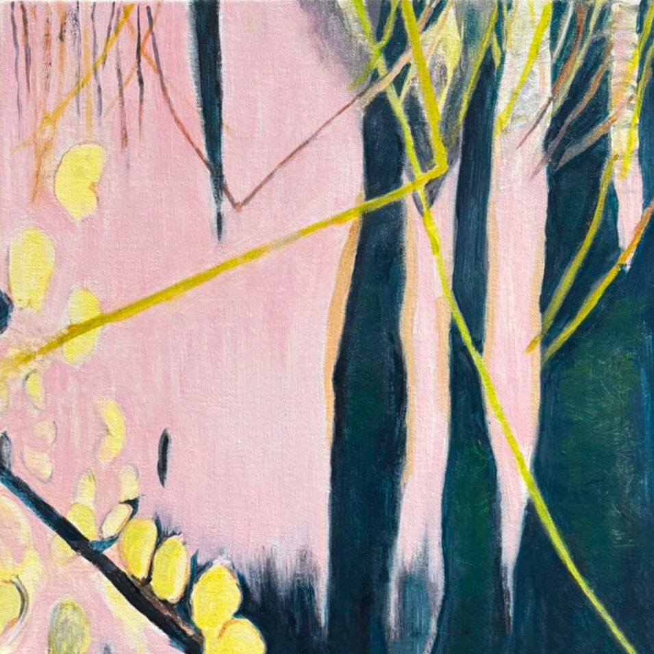 Eine Eitempera-Malerei in den Farben Rosa, Gelb und Petrol.