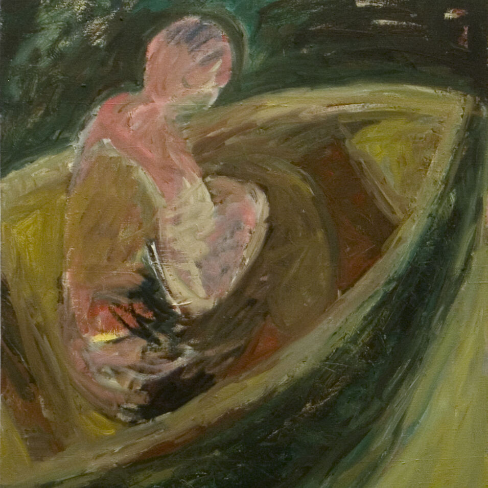 Eine Person in einem Boot gemalt von Jaakov Blumas.