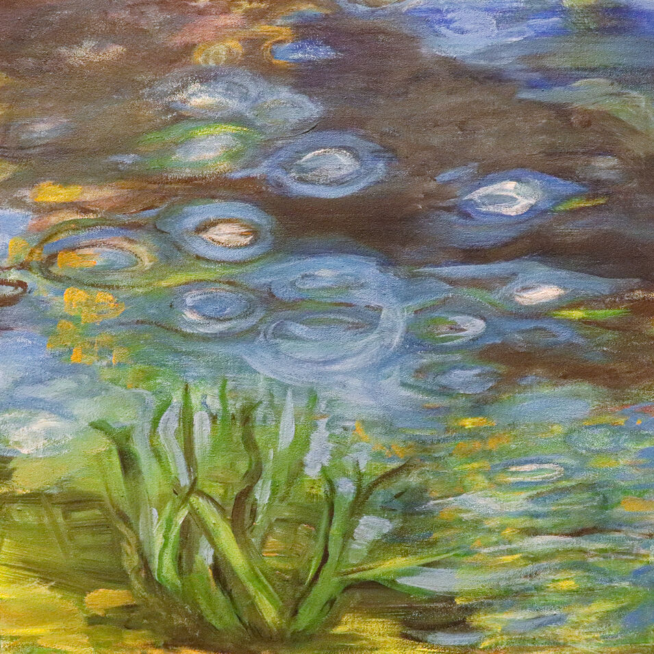 Eine Eitempera-Malerei eines Ufers in den Farben Blau, Grün und Braun.