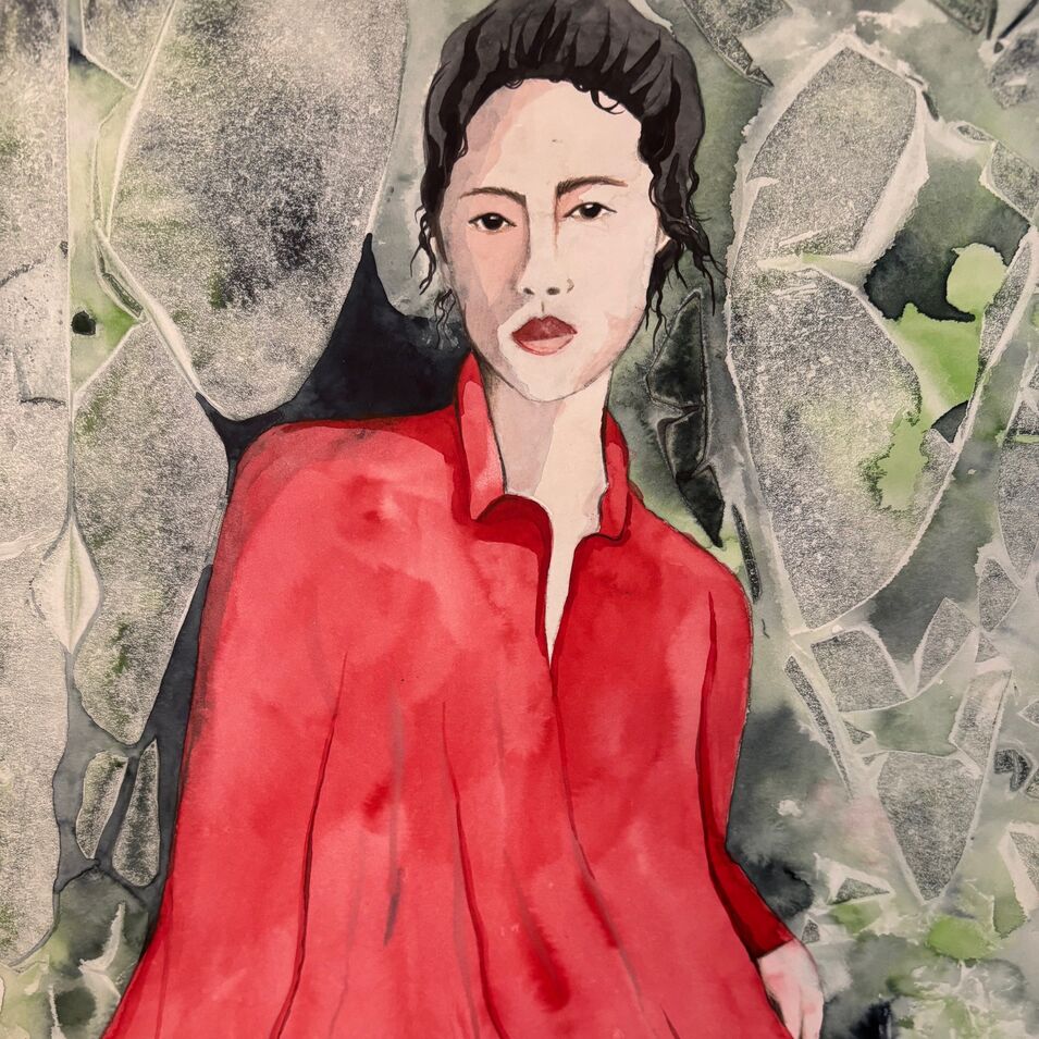 Aquarell einer Frau mit rotem Kleid und schwarzen Haaren.