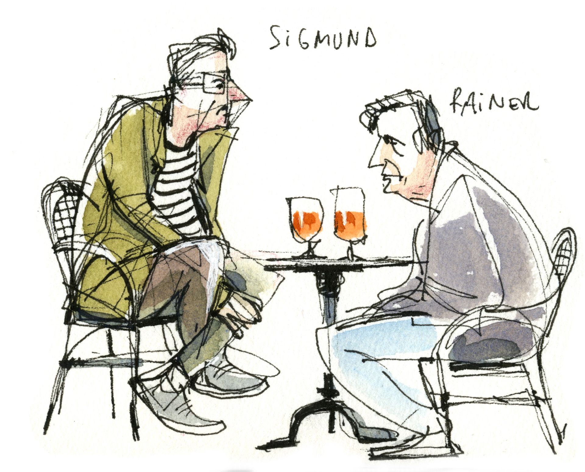 Zwei Menschen am Tisch beim Bier, Zeichnung von Nicola Maier-Reimer