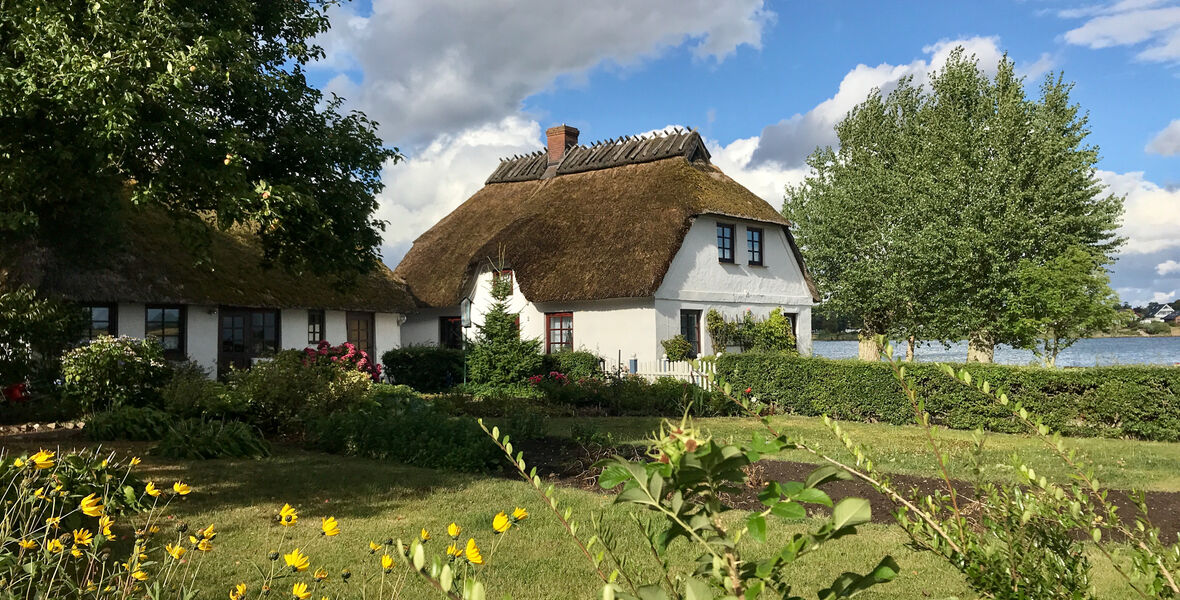 das Bild zeigt ein typisches Reetdachhaus in der Schlei-Landschaft.