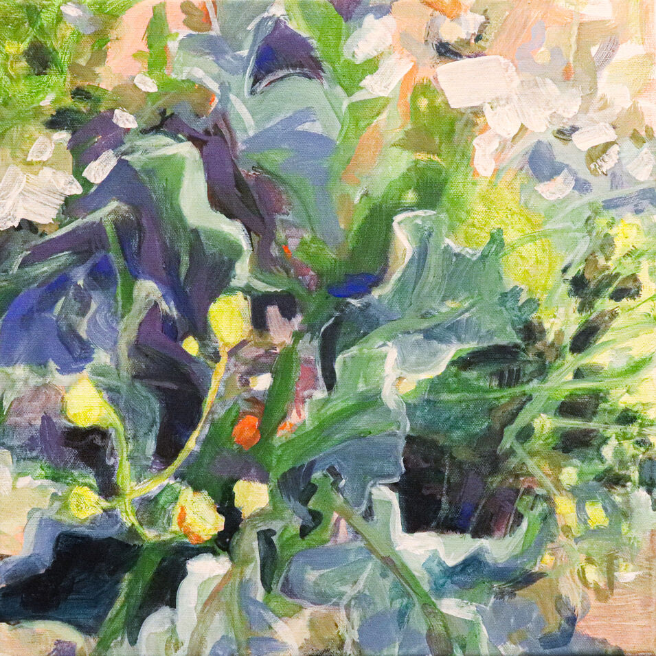 Eine Eitempera-Malerei in den Farben, Blau, Grün und Gelb.