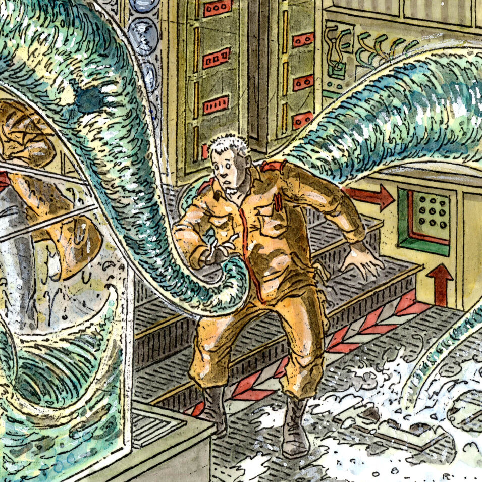 Eine kolorierte Comic-Zeichnung von einem Labor mit zwei Männern.