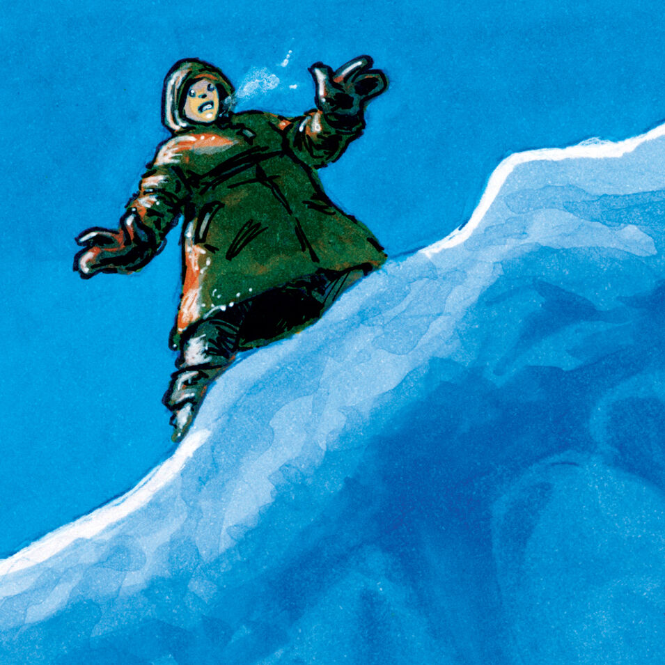 Eine kolorierte Comic-Zeichnung von einer Person im Eis.
