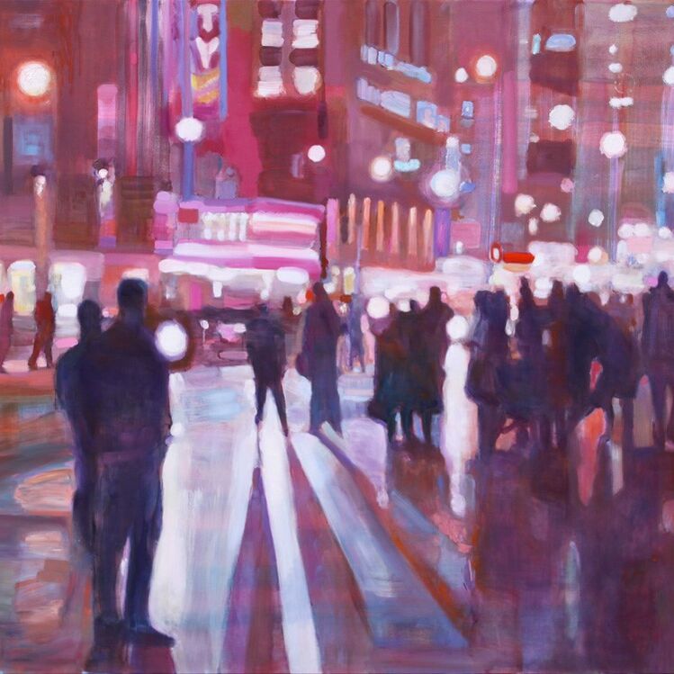 Katharina Duwe, Gegenlicht I, 2011, 150 × 230 cm, Leinwand Eine Eitempera-Malerei von Katharina Duwe. Es zeigt eine hell beleuchtete und belebte Stadt bei Nacht.