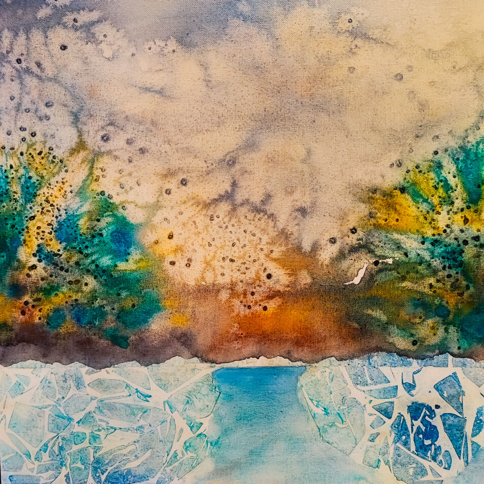 Ein experimentelles Aquarell in den Farben Blau, Grün und Braun.