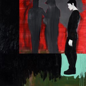 Menschen im Raum vor kontrastreichem Hintergrund, Gemälde von Barbara Kirsch