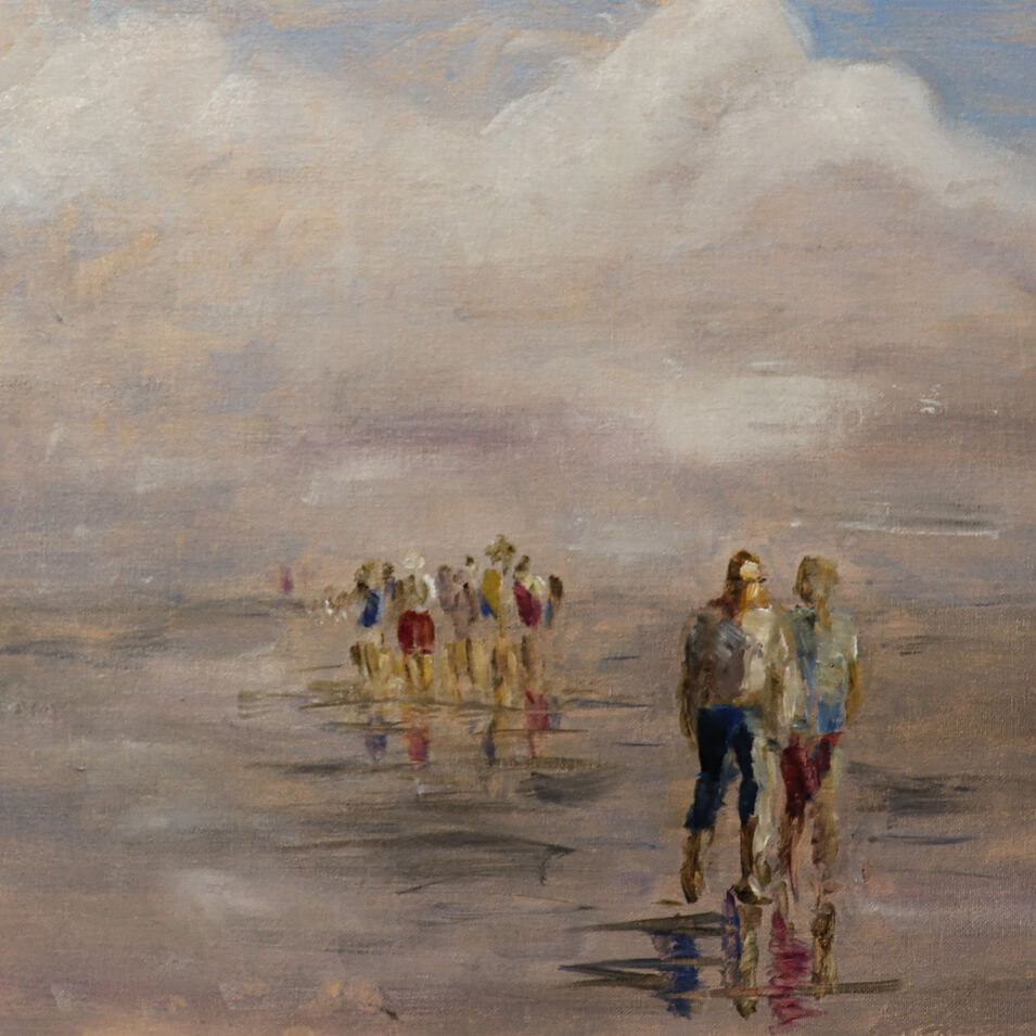 Eine Ölmalerei von Menschen am Strand.