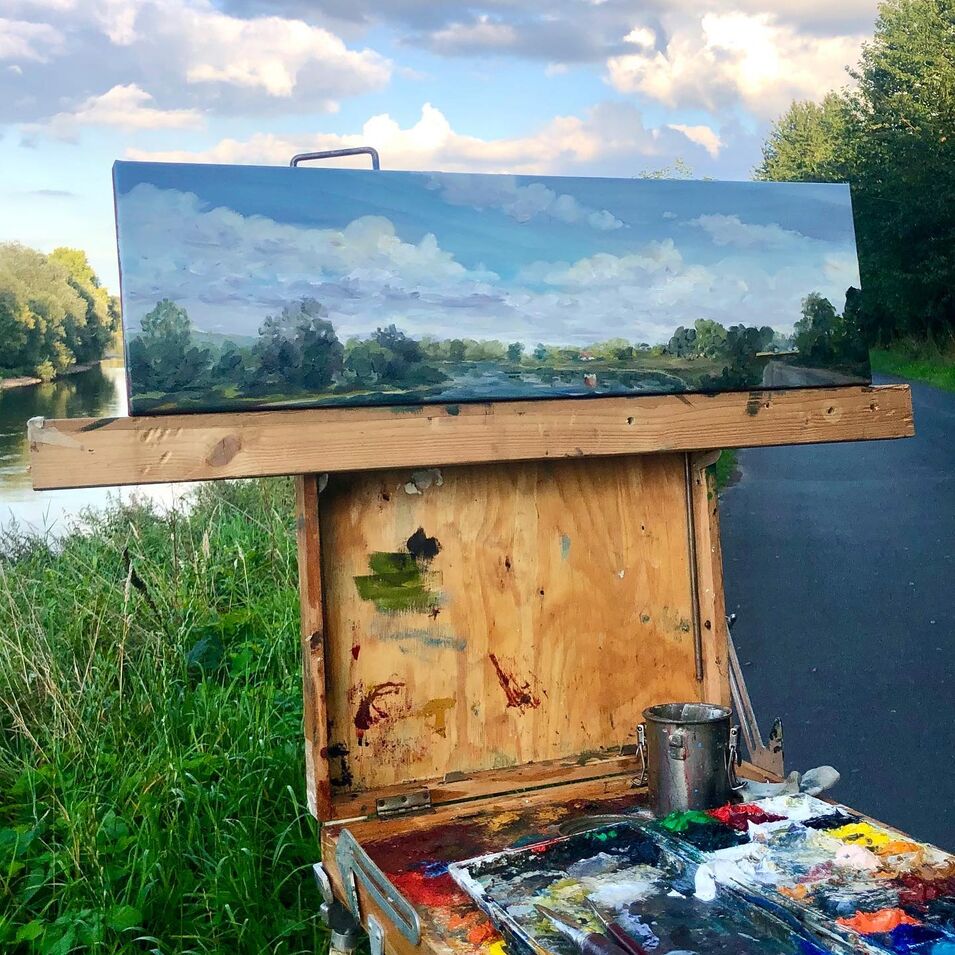Philipp Hiller, Ölgemälde einer Landschaft an der Weser, Längsformat mit den Maßen 20 x 70 cm, 2020