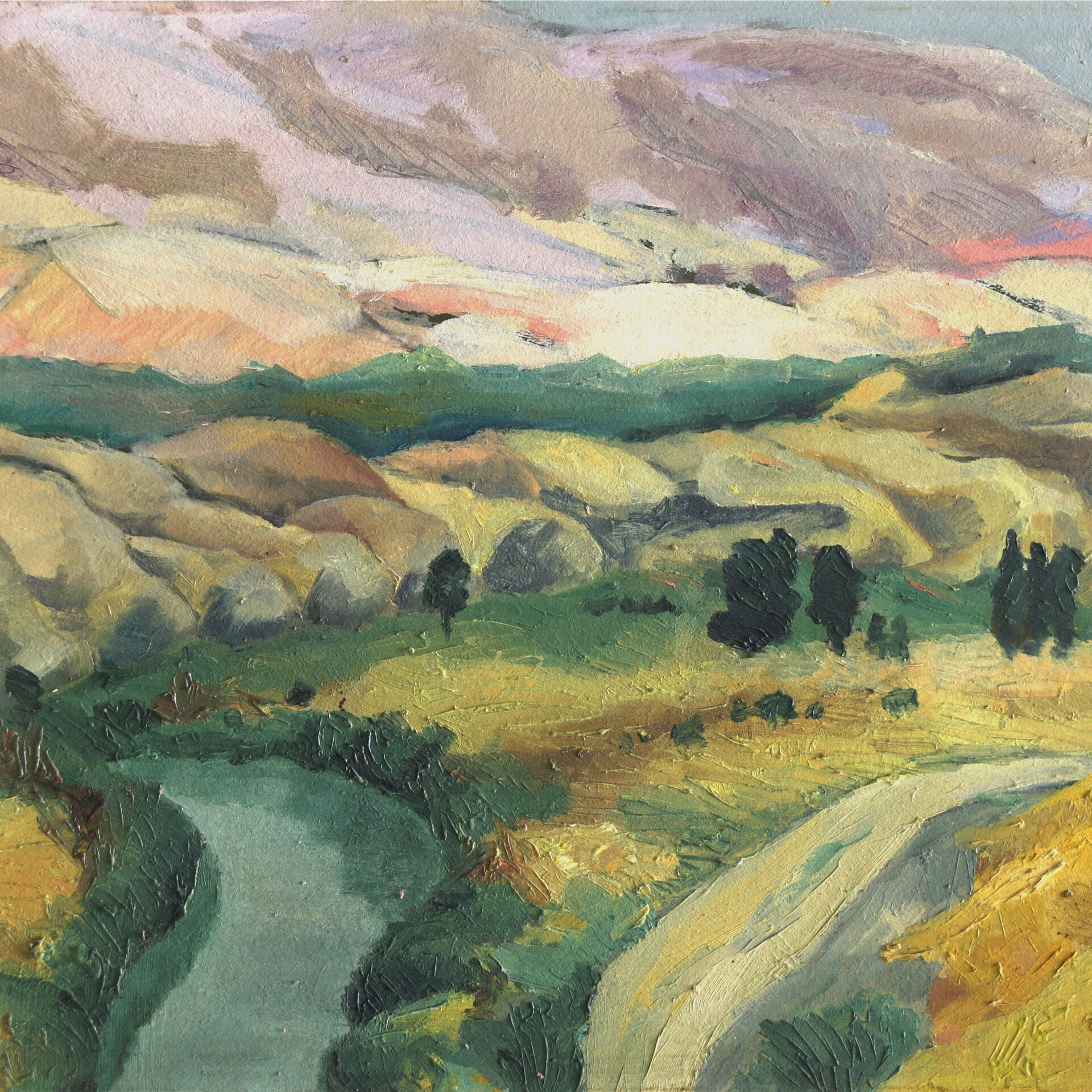 Ein gemaltes Bild einer Landschaft von Jaakov Blumas.