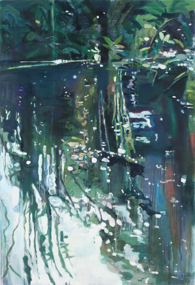 Teich mit Wasserspiegelung, Gemälde von Katharina Duwe