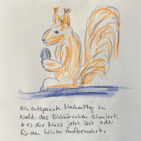 Ein illustriertes Eichhörnchen mit einer Nuss