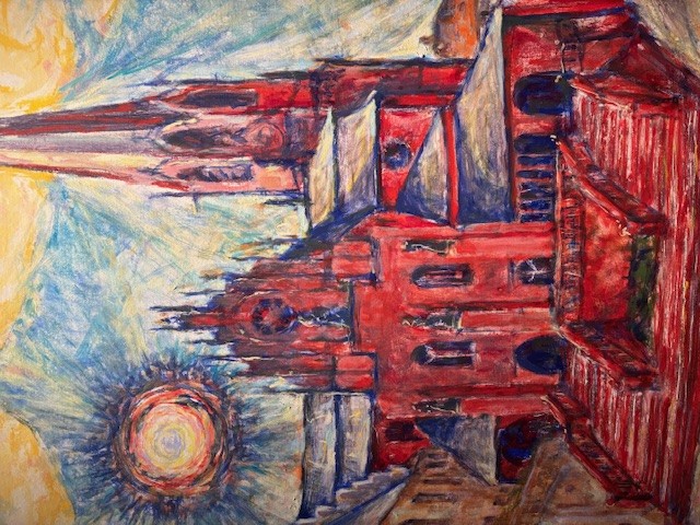 expressionistisches Bild einer Kirche in Rottönen von Christian Schad, das Bild befindet sich im Besitz des Christian Schad Museums in Aschaffenburg