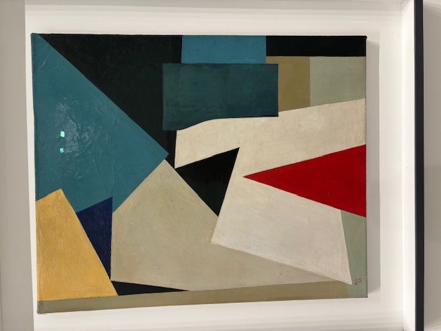 Gemälde unterschiedlicher Farbflächen mit kontrastreicher Farbigkeit mit dem Titel Motiv: Verschiebungen, 1930, im Besitz des Sprengel Museums Hannover