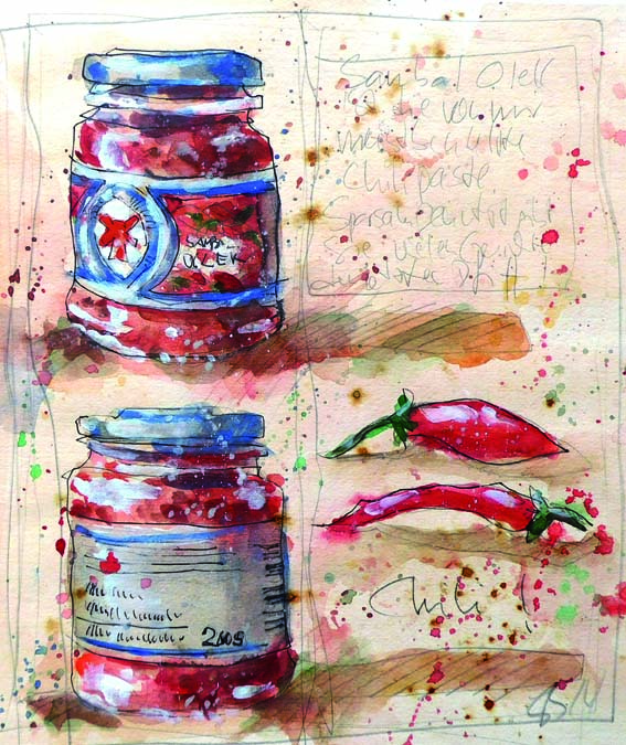 Das Bild zeigt zwei Gläser mit Sabal Olek und zwei rote Chilischoten in experimenteller Art dargestellt.