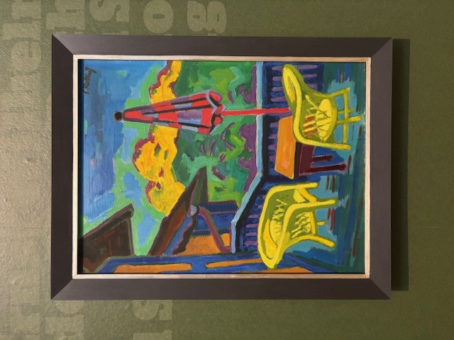 expressionistisches Gemälde einer Veranda mit zwei Stühlen, 1951, Karl Schmidt-Rottluff, Besitz des Museums Wiesbaden